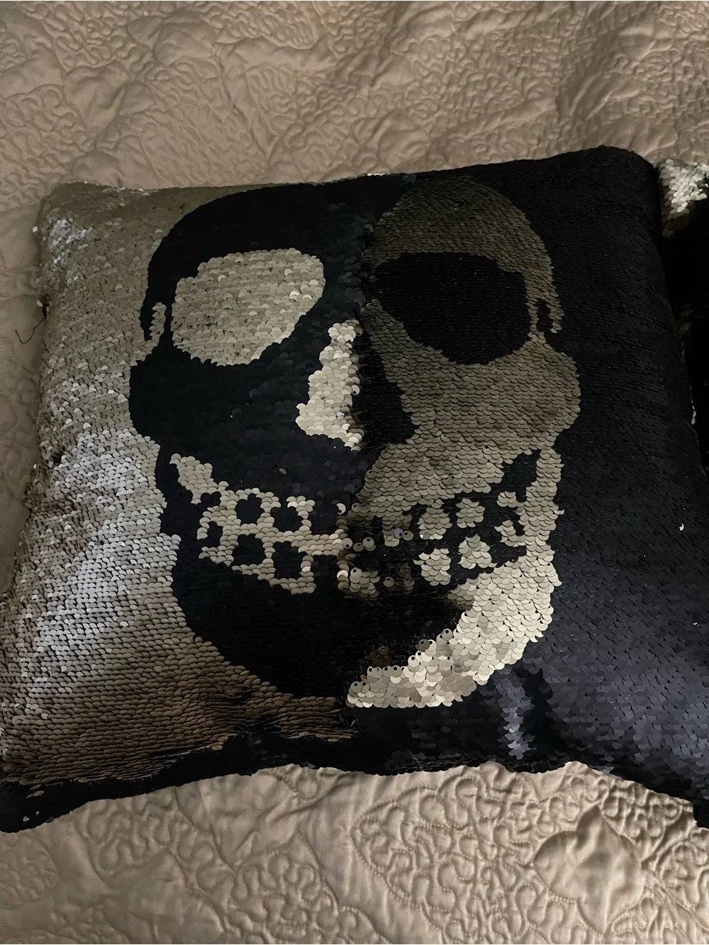 2 Sequin Skull Throw Pillows- Black and gold